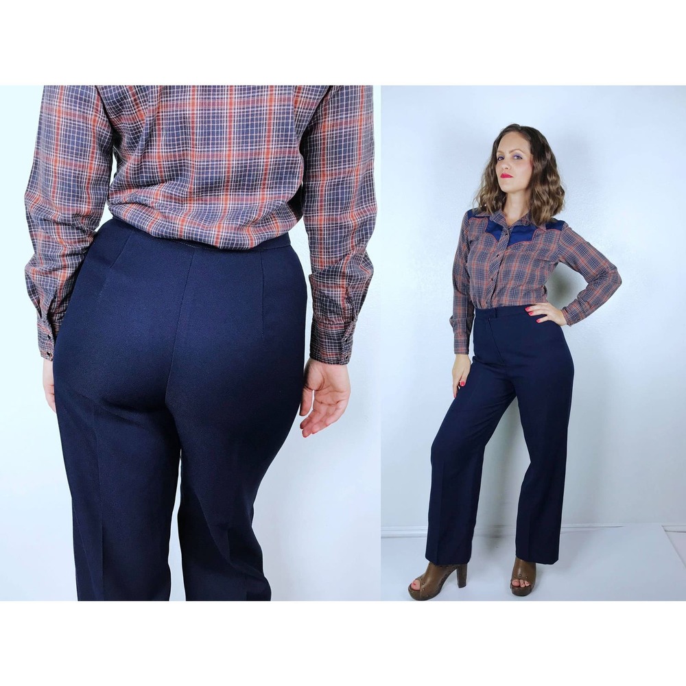 sz 28 vintage 70s NAVY BLUE high waist BELLBOTTOMS wide leg flares bell bottoms
